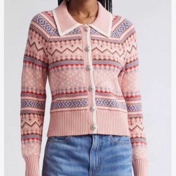 Veronica Beard Cheshire Intarsia Cardigan Rose Fair Isle Pink Knit Holiday - Picture 2 of 7